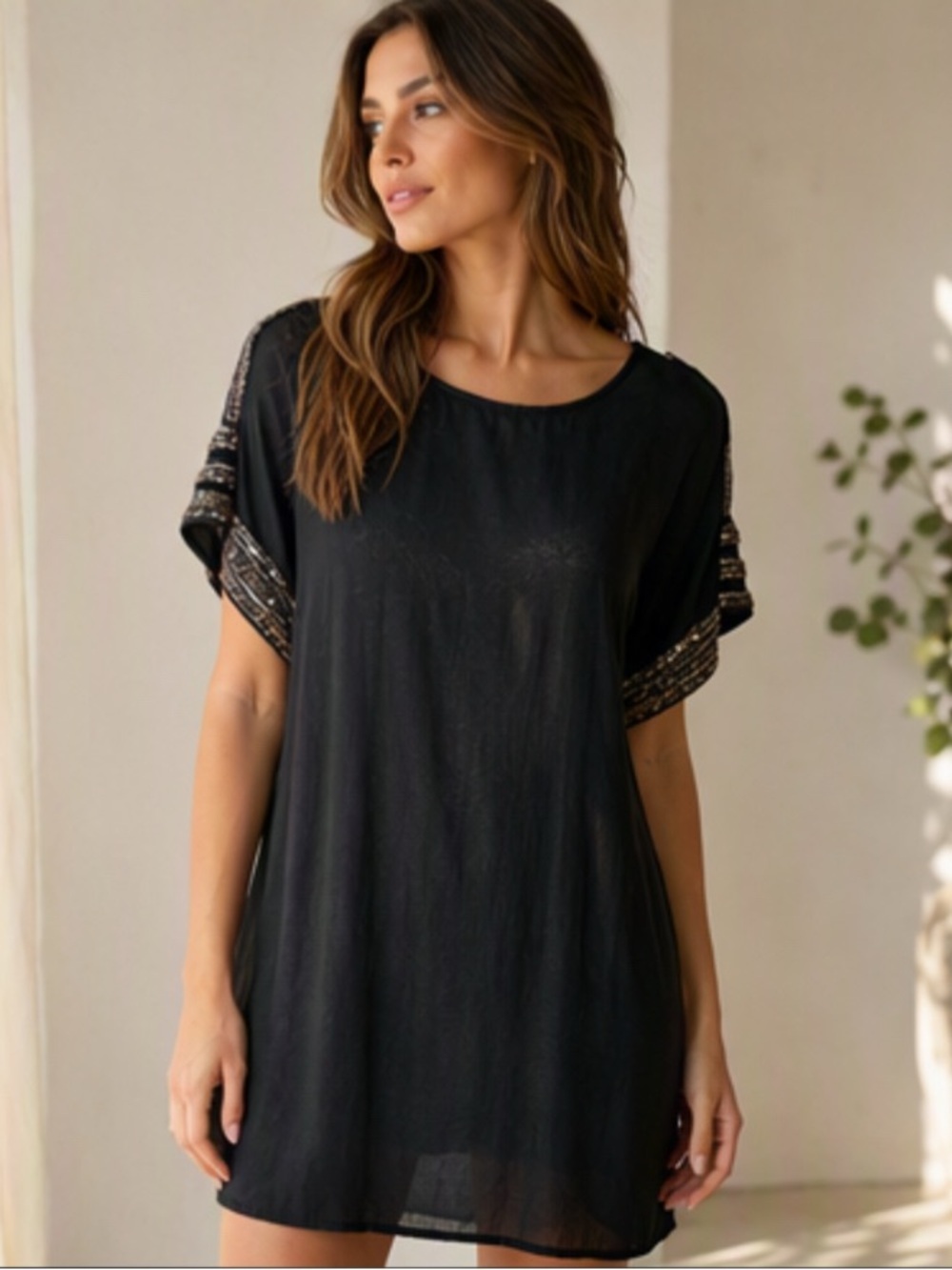 🌷 Vero Moda 🌷 Black Sheer Sparkly Jewelled Shoulder & Sleeve Detail Tunic Dress